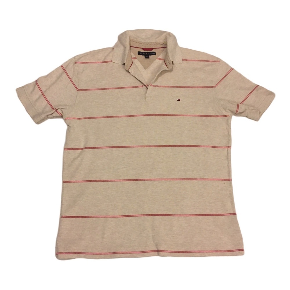 Vintage Cream and Red Striped Tommy Hilfiger Polo